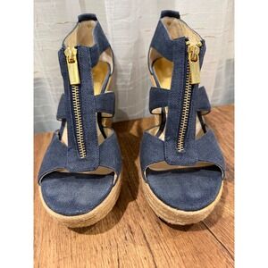 Michael Kors Denim Espadrille Wedge‎ Sandals Gold Zip Women's Size 7M